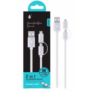 AU405 PL DATA CABLE 2 IN 1 FOR MICRO USB + IPHONE 5/6/7, 2A 1M, SILVER