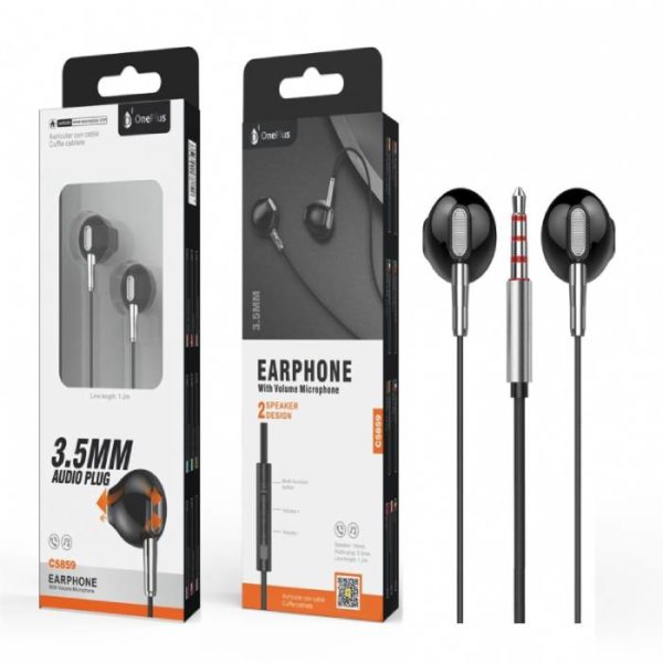 C5859 Stereo Earphone Skoll with 2 Exits & Mic,1.2M, Black+Silver