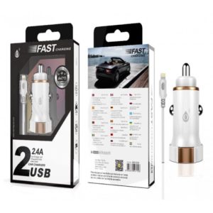 A4713 SURI Lighter Charger with IP5 / 6/7/8 / X Cable, 2 USB, 2.4A, White + Gold