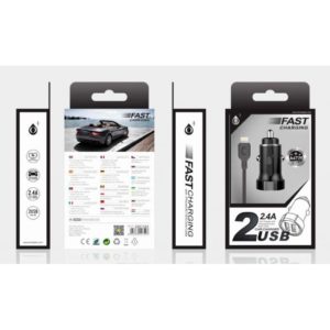 A4725 Car Charger SURI with Cable Afor IP5/6/7/8/X, 2 USB, 2.4A, Black+Grey
