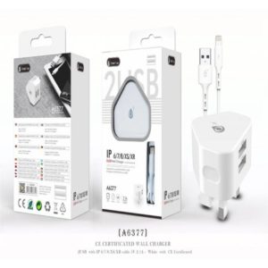A6377 Dual USB Home Charger with IP 6/7/8/X/XS Cable, 2.1A, White
