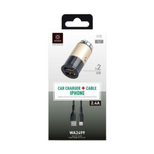 WOOX WA2499 CAR CHARGER FOR SMARTPHONE WITH iPhone CABLE, 2 USB, 2.4A GOLD