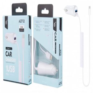 A2712 TOC LIGHTER CHARGER WITH CABLE TYPE C, 2.4A 1USB, WHITE