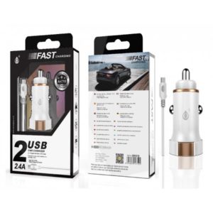 A4710 SURI Lighter Charger with Micro USB Cable, 2 USB, 2.4A, White + Gold
