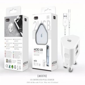 A6376 Dual USB Home Charger with Micro Cable, 2.1A, White